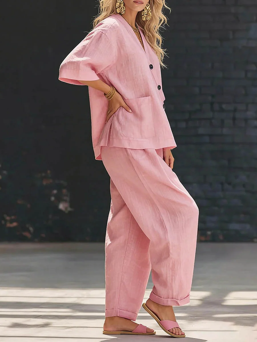 Loose Solid Color V-Neck Asymmetric Buttoned Blouses&Shirts Tops + High Waisted Pockets Pants Trousers Two Pieces Set - Image 7