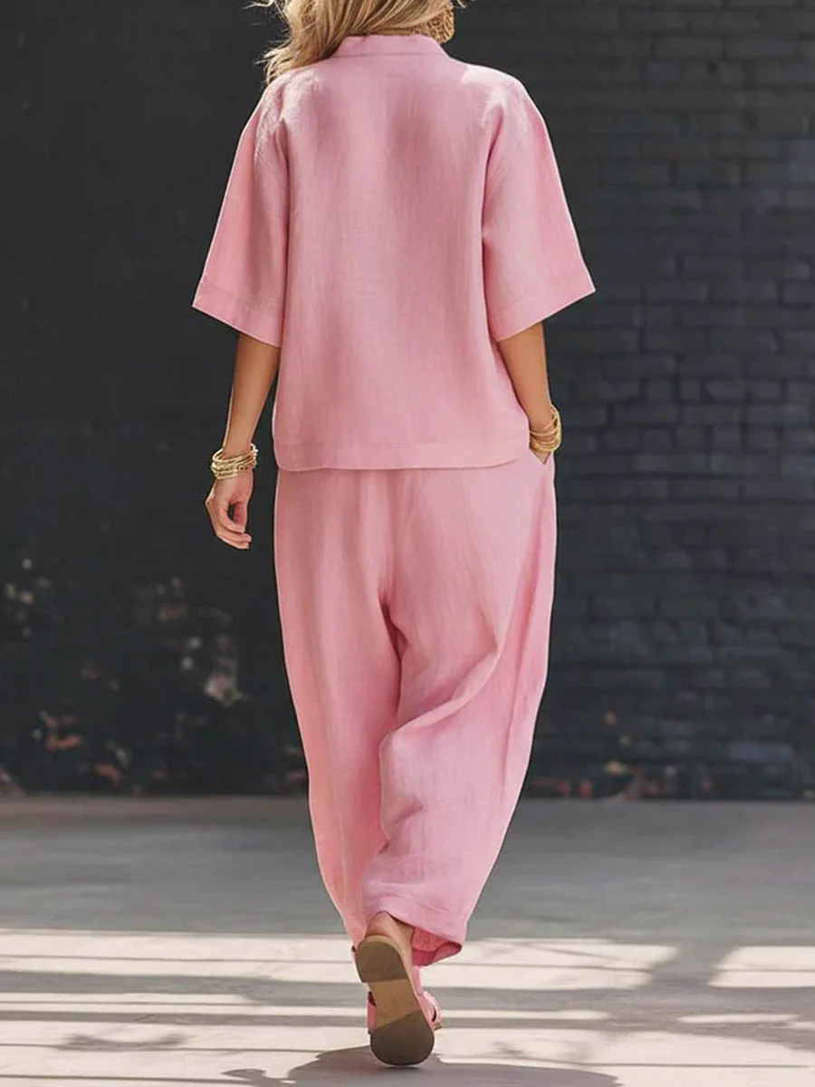 Loose Solid Color V-Neck Asymmetric Buttoned Blouses&Shirts Tops + High Waisted Pockets Pants Trousers Two Pieces Set - Image 8