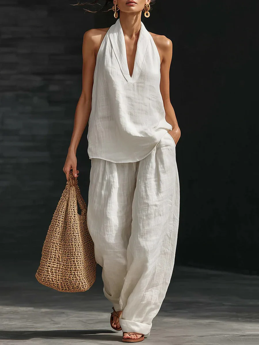 Loose Solid Color V-Neck Sleeveless Vest Top + Pockets Pants Trousers Two Pieces Set