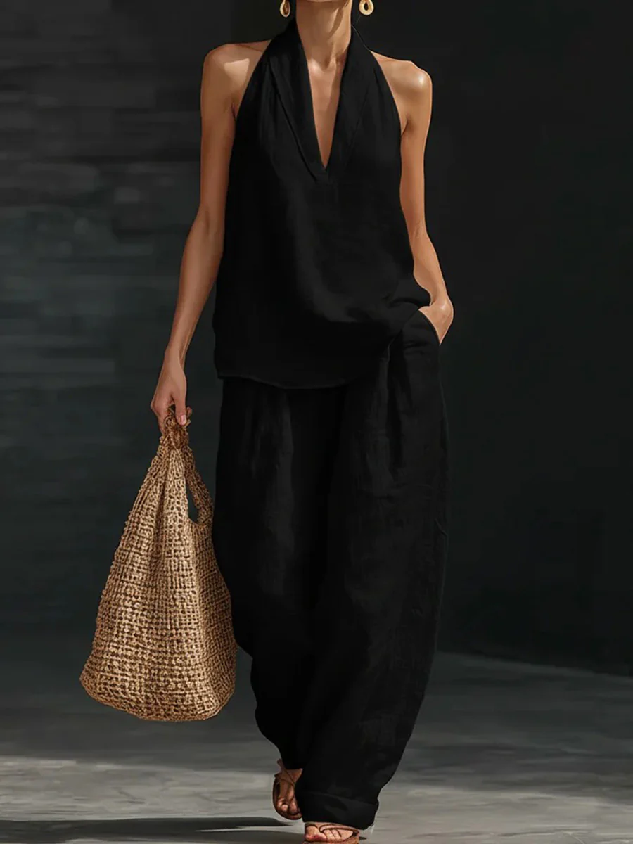 Loose Solid Color V-Neck Sleeveless Vest Top + Pockets Pants Trousers Two Pieces Set - Image 2