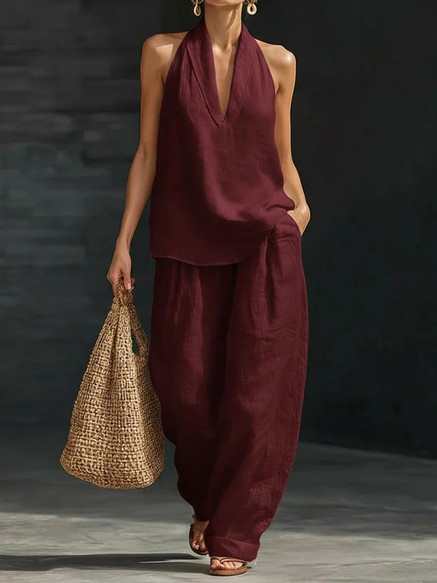 Loose Solid Color V-Neck Sleeveless Vest Top + Pockets Pants Trousers Two Pieces Set - Image 3