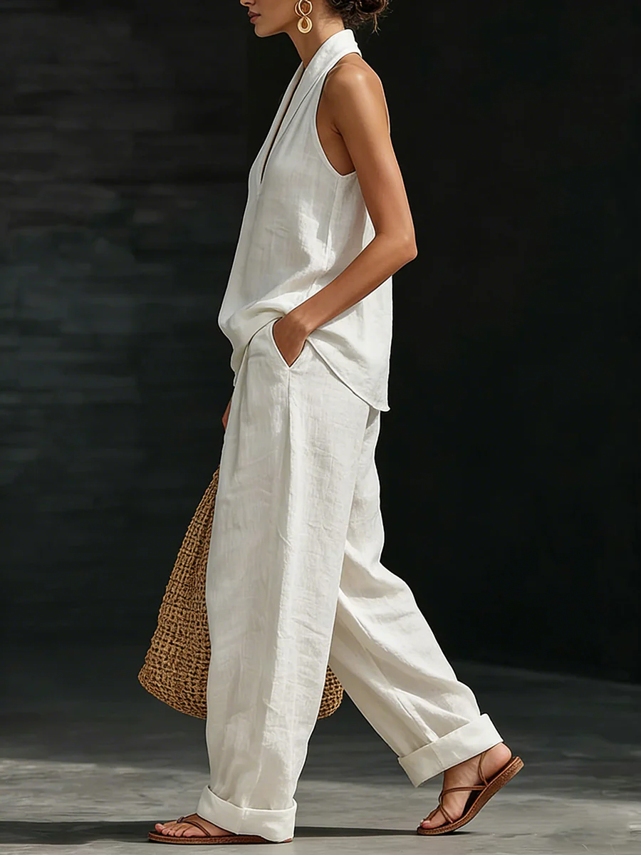 Loose Solid Color V-Neck Sleeveless Vest Top + Pockets Pants Trousers Two Pieces Set - Image 4
