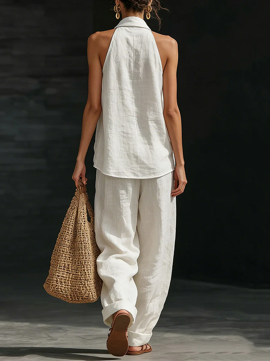 Loose Solid Color V-Neck Sleeveless Vest Top + Pockets Pants Trousers Two Pieces Set - Image 5