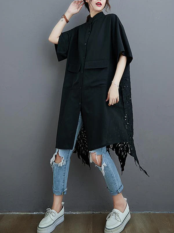 Loose Split-Joint Hollow Solid Long Blouse - Image 2