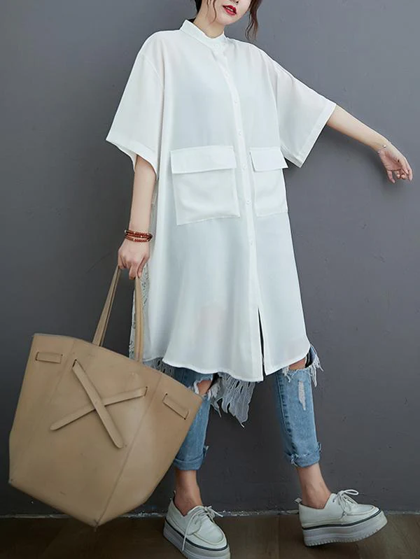 Loose Split-Joint Hollow Solid Long Blouse - Image 4