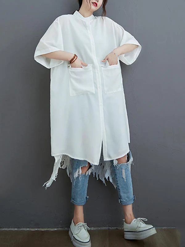 Loose Split-Joint Hollow Solid Long Blouse - Image 6