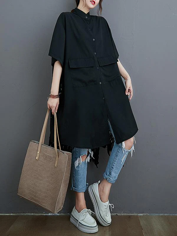 Loose Split-Joint Hollow Solid Long Blouse - Image 8