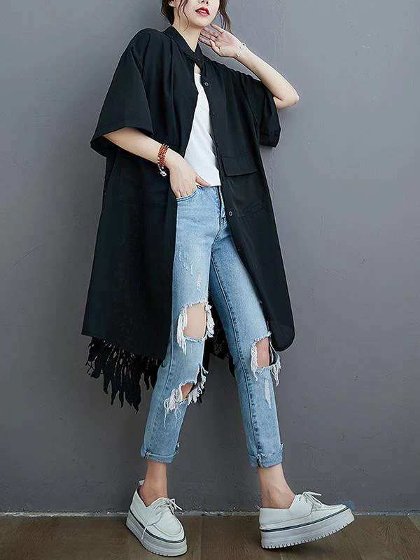 Loose Split-Joint Hollow Solid Long Blouse - Image 9