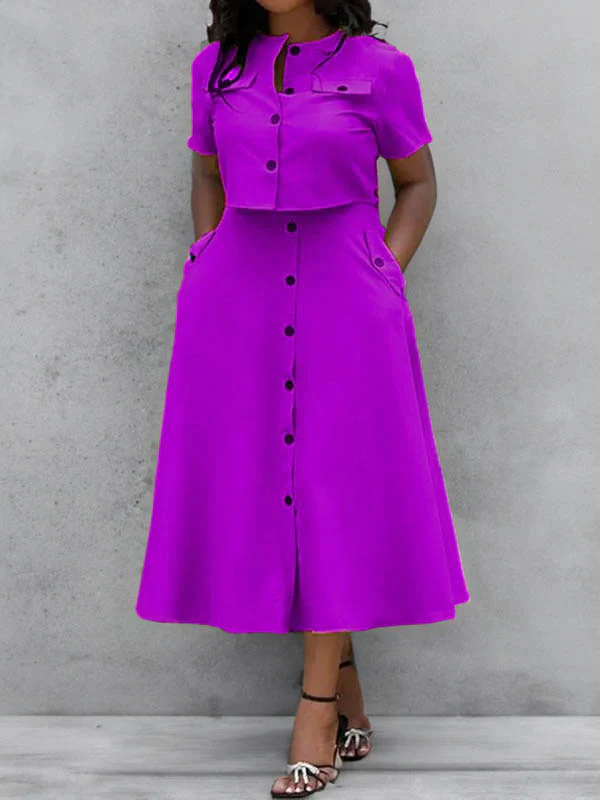 Loose Split-Joint Round-Neck Blouses + A-Line Skirts Two Pieces Set - Image 2