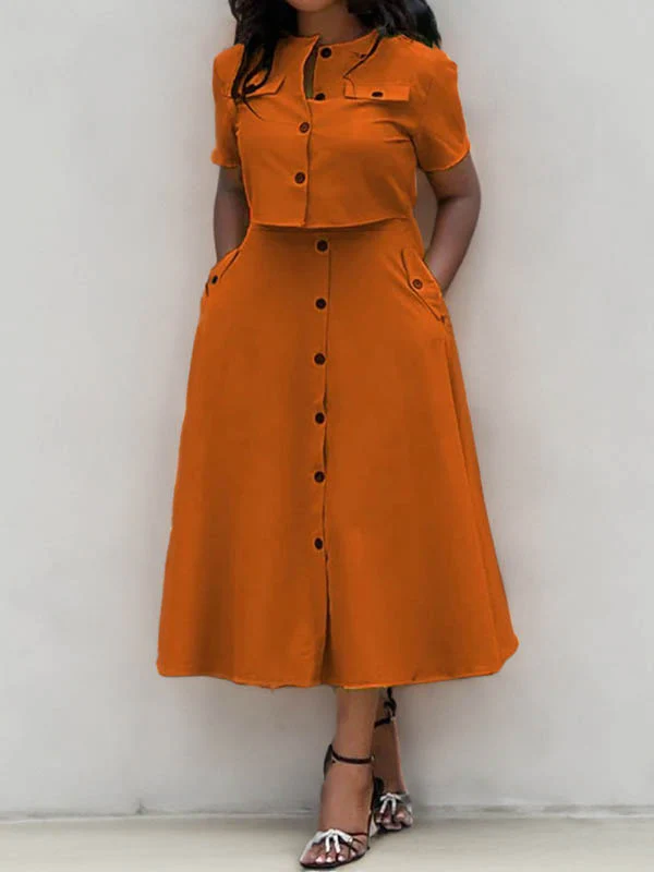 Loose Split-Joint Round-Neck Blouses + A-Line Skirts Two Pieces Set - Image 3