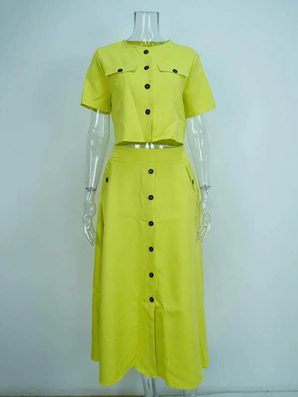 Loose Split-Joint Round-Neck Blouses + A-Line Skirts Two Pieces Set - Image 4