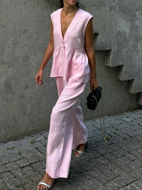 Loose Split-Joint Sleeveless Pleated V-Neck Vest + Pants Trousers Two Pieces Set - Image 3