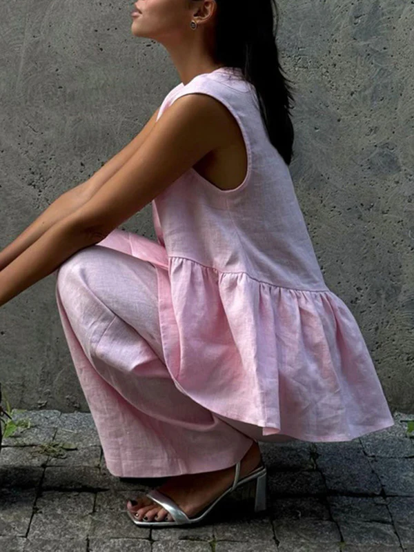 Loose Split-Joint Sleeveless Pleated V-Neck Vest + Pants Trousers Two Pieces Set - Image 4