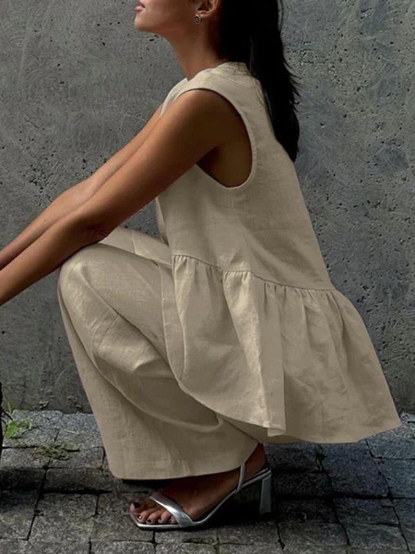 Loose Split-Joint Sleeveless Pleated V-Neck Vest + Pants Trousers Two Pieces Set - Image 5