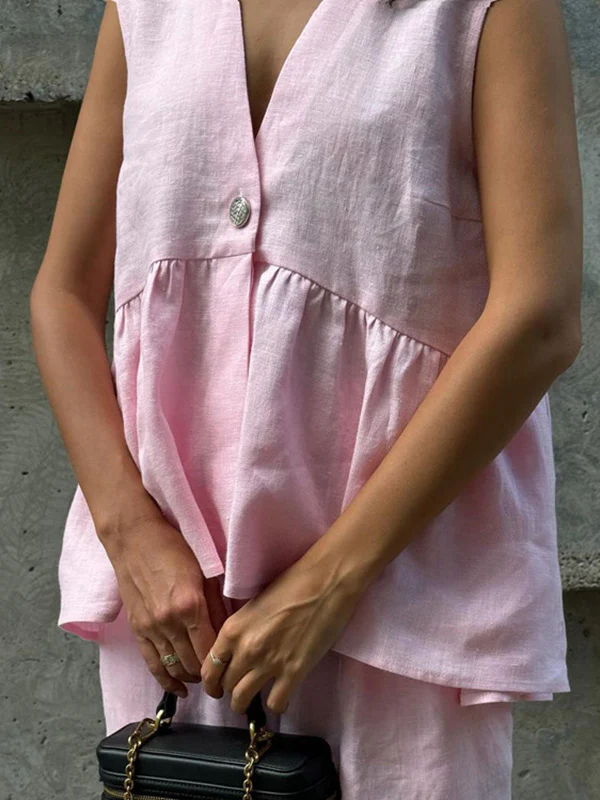 Loose Split-Joint Sleeveless Pleated V-Neck Vest + Pants Trousers Two Pieces Set - Image 6