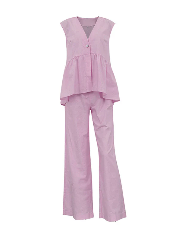 Loose Split-Joint Sleeveless Pleated V-Neck Vest + Pants Trousers Two Pieces Set - Image 7