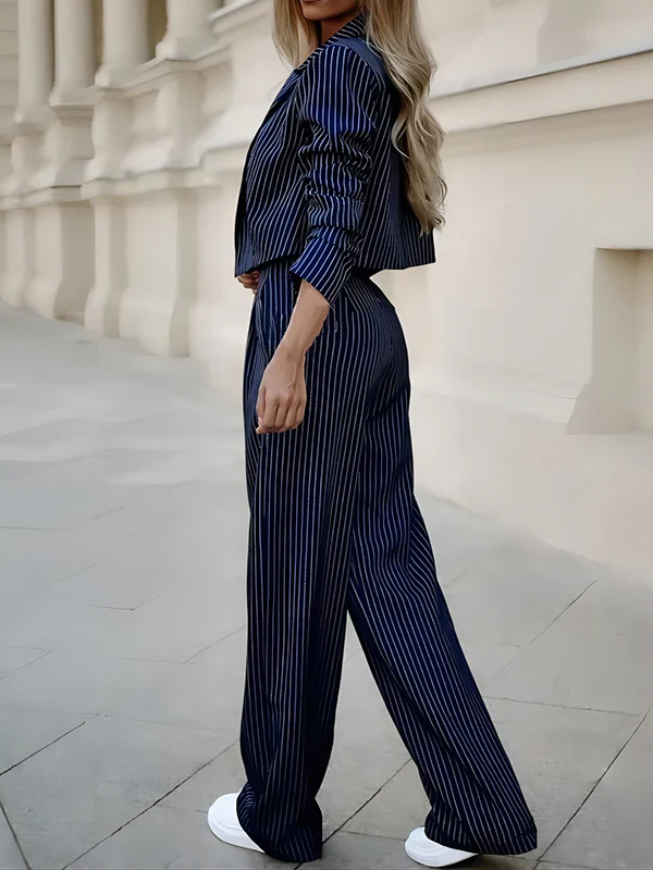 Loose Split-Joint Striped Lapel Jacket Outer + Straight Leg Pleated Suit Pants Two Pieces Set - Image 2