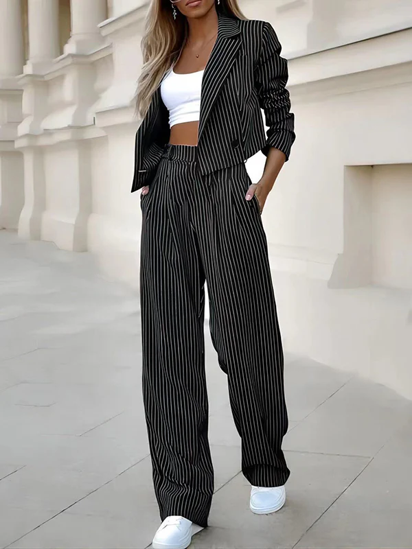 Loose Split-Joint Striped Lapel Jacket Outer + Straight Leg Pleated Suit Pants Two Pieces Set - Image 5