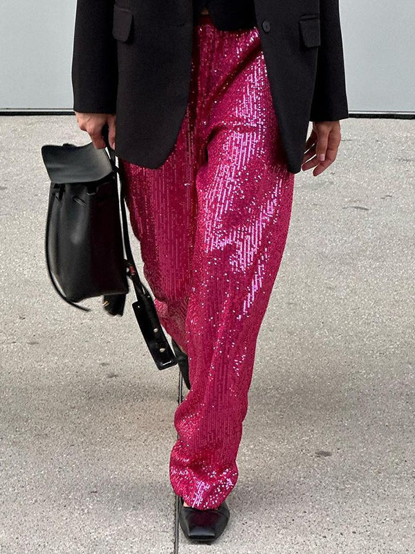 Loose Straight Leg Elasticity Sequined Shiny Split-Joint Pants Trousers - Image 2