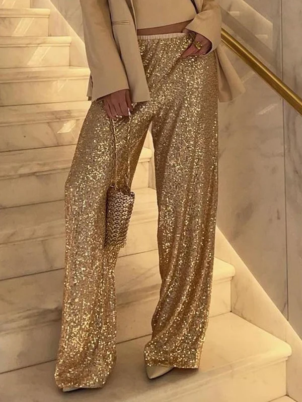 Loose Straight Leg Elasticity Sequined Shiny Split-Joint Pants Trousers - Image 3