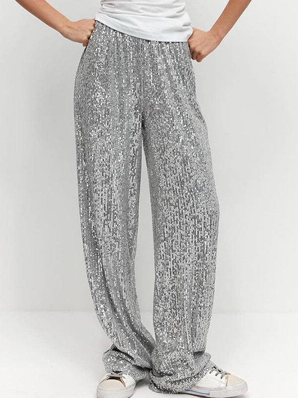 Loose Straight Leg Elasticity Sequined Shiny Split-Joint Pants Trousers - Image 4
