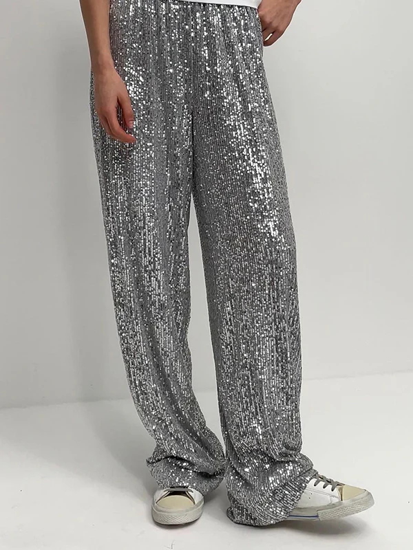Loose Straight Leg Elasticity Sequined Shiny Split-Joint Pants Trousers - Image 5