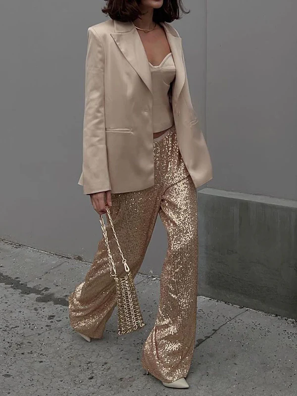 Loose Straight Leg Elasticity Sequined Shiny Split-Joint Pants Trousers - Image 6