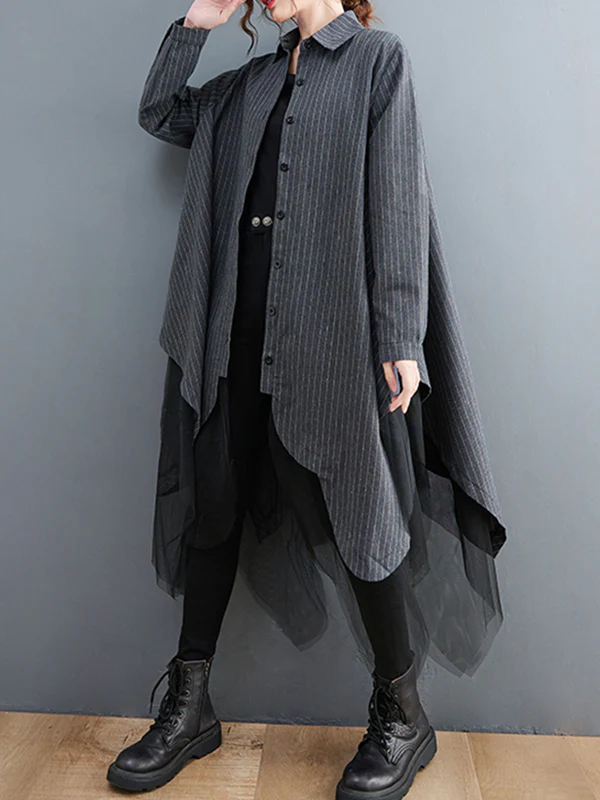 Loose Striped Gauze Split-Joint Lapel Long Dress - Image 10
