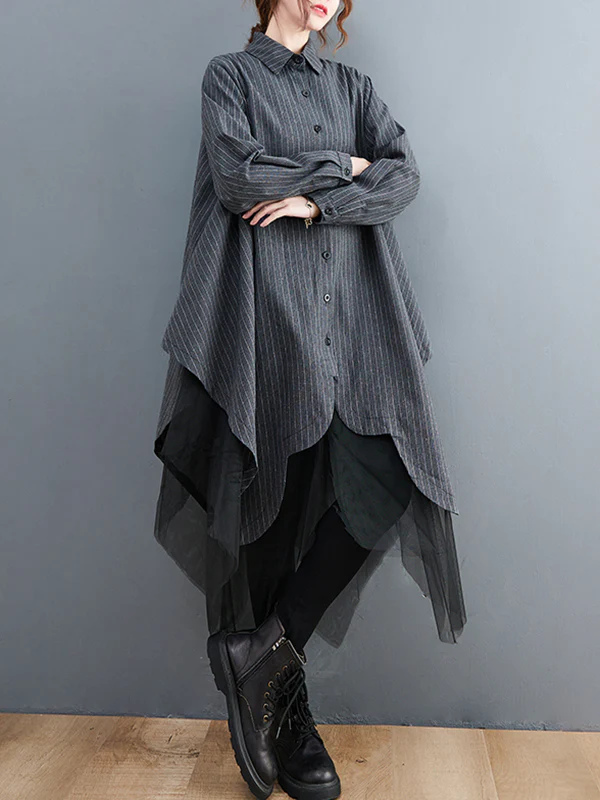 Loose Striped Gauze Split-Joint Lapel Long Dress - Image 11