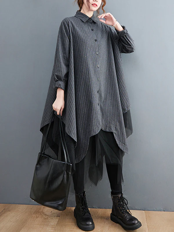 Loose Striped Gauze Split-Joint Lapel Long Dress - Image 12