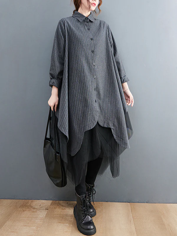 Loose Striped Gauze Split-Joint Lapel Long Dress - Image 13
