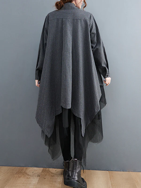 Loose Striped Gauze Split-Joint Lapel Long Dress - Image 14