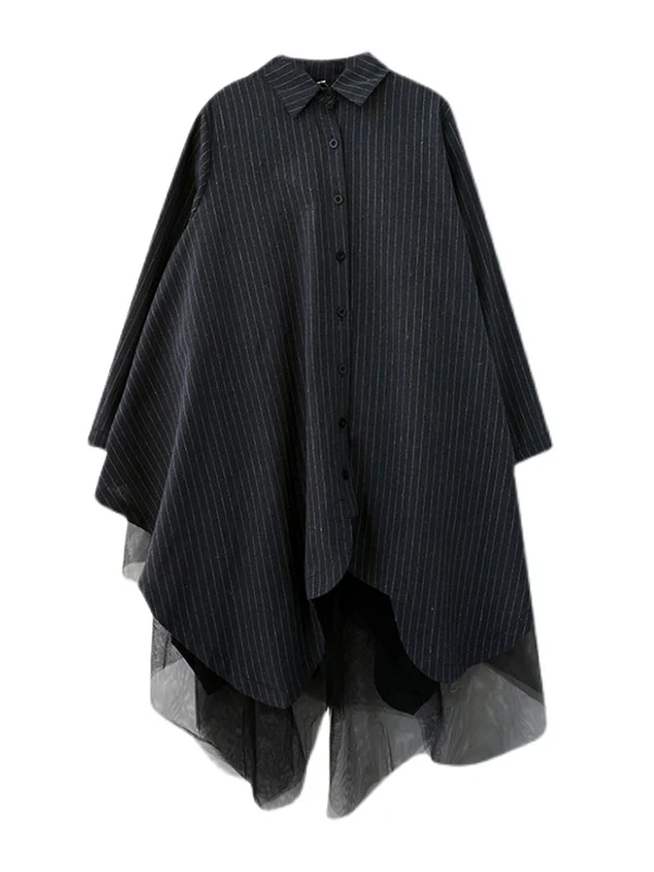 Loose Striped Gauze Split-Joint Lapel Long Dress - Image 15
