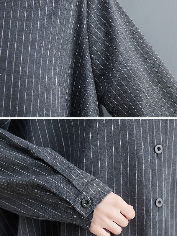 Loose Striped Gauze Split-Joint Lapel Long Dress - Image 17
