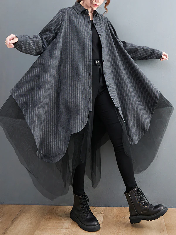 Loose Striped Gauze Split-Joint Lapel Long Dress - Image 2