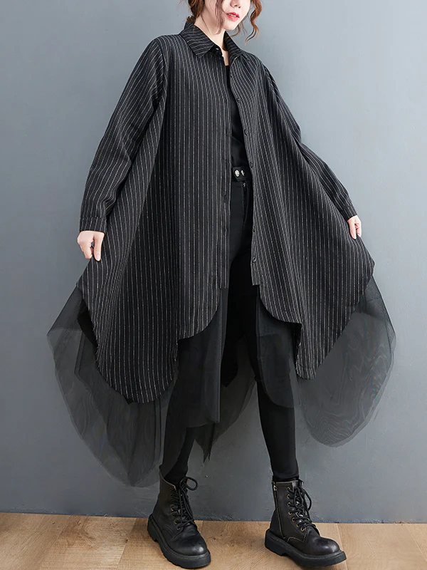 Loose Striped Gauze Split-Joint Lapel Long Dress - Image 3