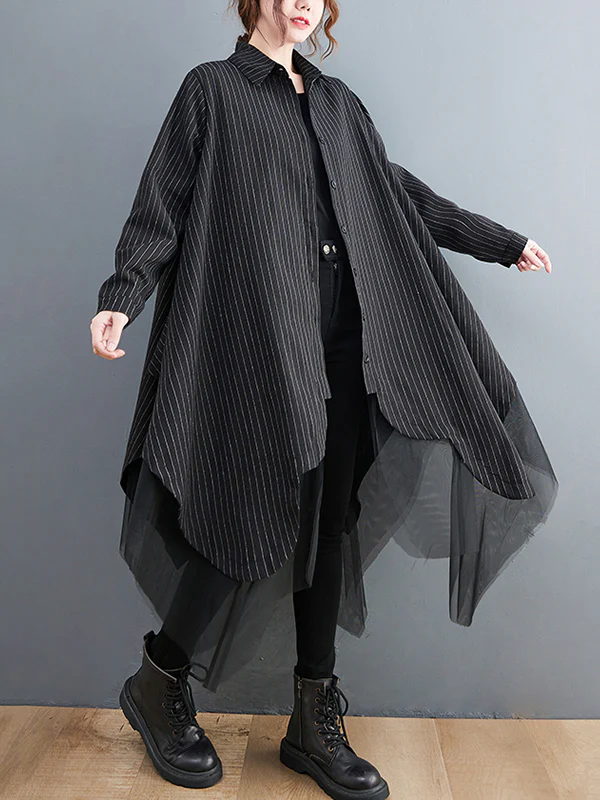 Loose Striped Gauze Split-Joint Lapel Long Dress - Image 4