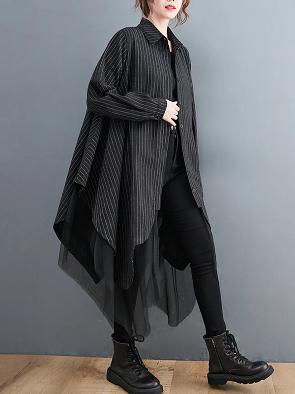 Loose Striped Gauze Split-Joint Lapel Long Dress - Image 5