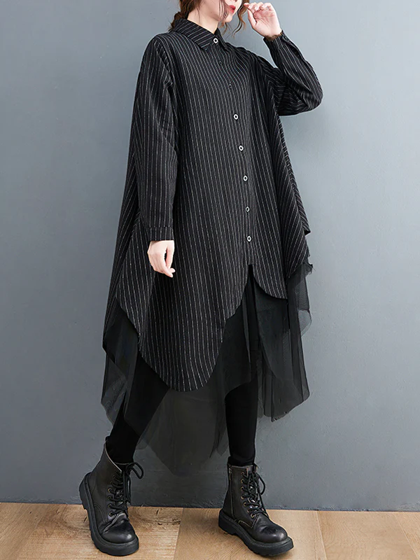 Loose Striped Gauze Split-Joint Lapel Long Dress - Image 6