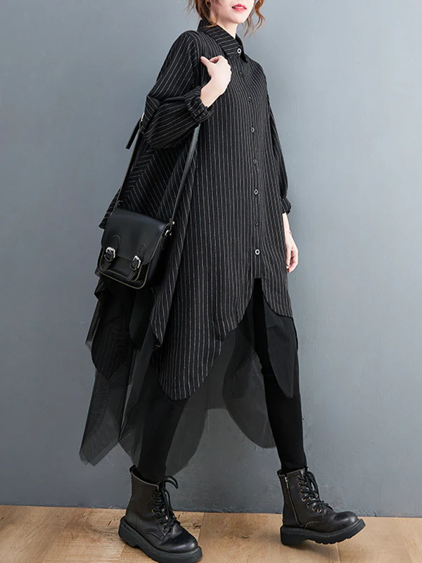 Loose Striped Gauze Split-Joint Lapel Long Dress - Image 7