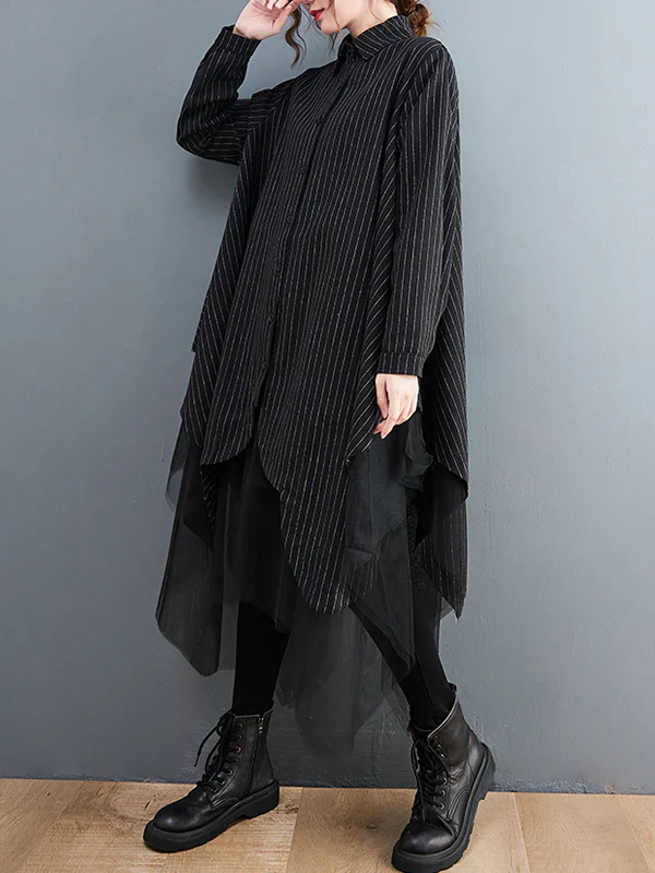 Loose Striped Gauze Split-Joint Lapel Long Dress - Image 8