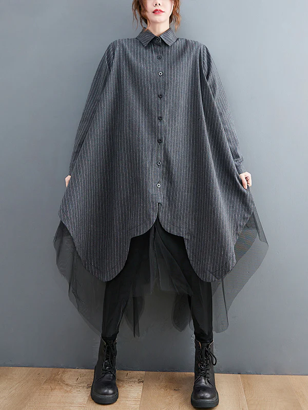 Loose Striped Gauze Split-Joint Lapel Long Dress - Image 9