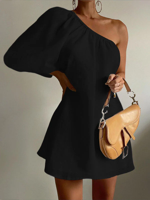 Loose Three-Quarter Sleeves Asymmetric Elasticity Solid Color One-Shoulder Mini Dresses - Image 2