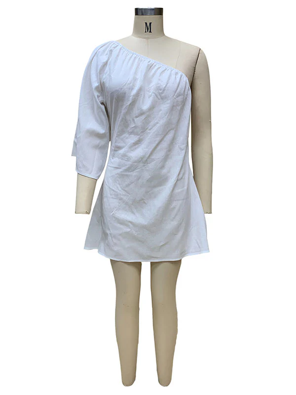Loose Three-Quarter Sleeves Asymmetric Elasticity Solid Color One-Shoulder Mini Dresses - Image 3