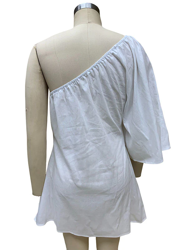 Loose Three-Quarter Sleeves Asymmetric Elasticity Solid Color One-Shoulder Mini Dresses - Image 5