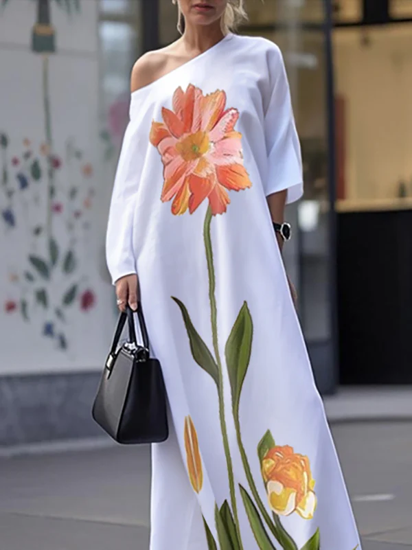 Loose Three-Quarter Sleeves Asymmetric Flower Print Pockets One-Shoulder Maxi Dresses - Image 2