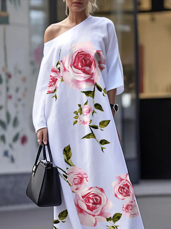 Loose Three-Quarter Sleeves Asymmetric Flower Print Pockets One-Shoulder Maxi Dresses - Image 2