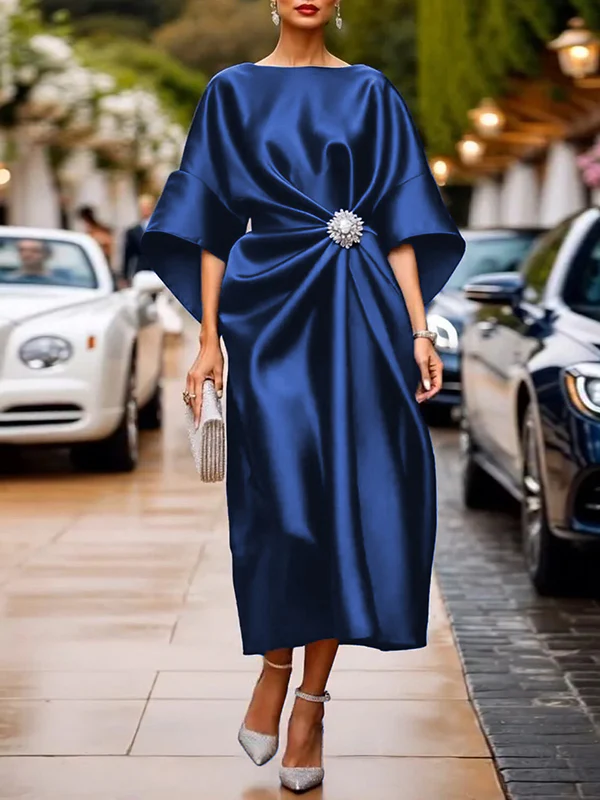 Loose Three-Quarter Sleeves Asymmetric Pleated Split-Joint Round-Neck Maxi Dresses - Image 2