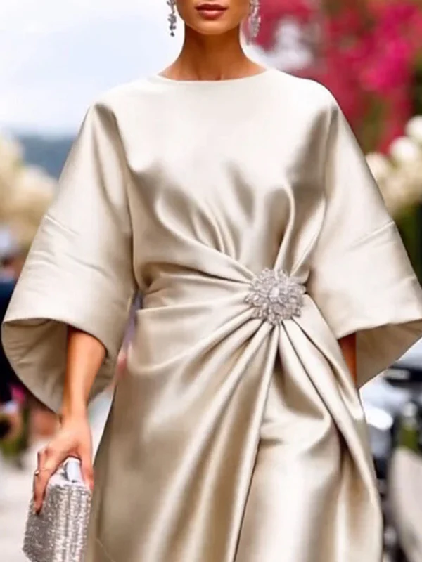 Loose Three-Quarter Sleeves Asymmetric Pleated Split-Joint Round-Neck Maxi Dresses - Image 4