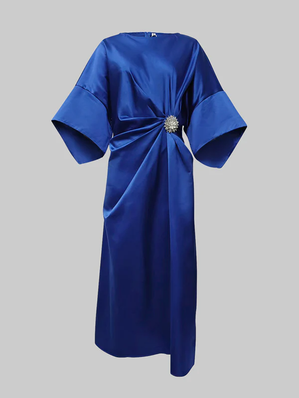 Loose Three-Quarter Sleeves Asymmetric Pleated Split-Joint Round-Neck Maxi Dresses - Image 5